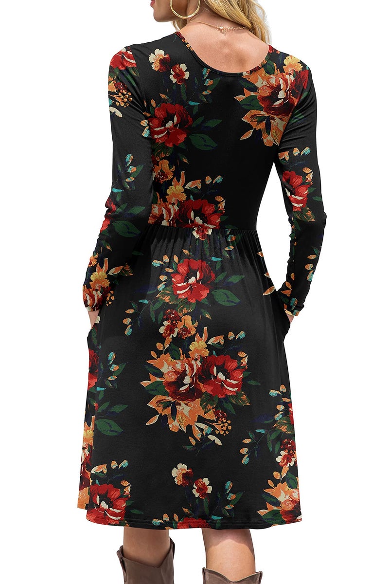DB MOON Women Casual Long Sleeve Dresses Empire Waist Loose Dress with Pockets (Brown Floral Black, S) - Image 2