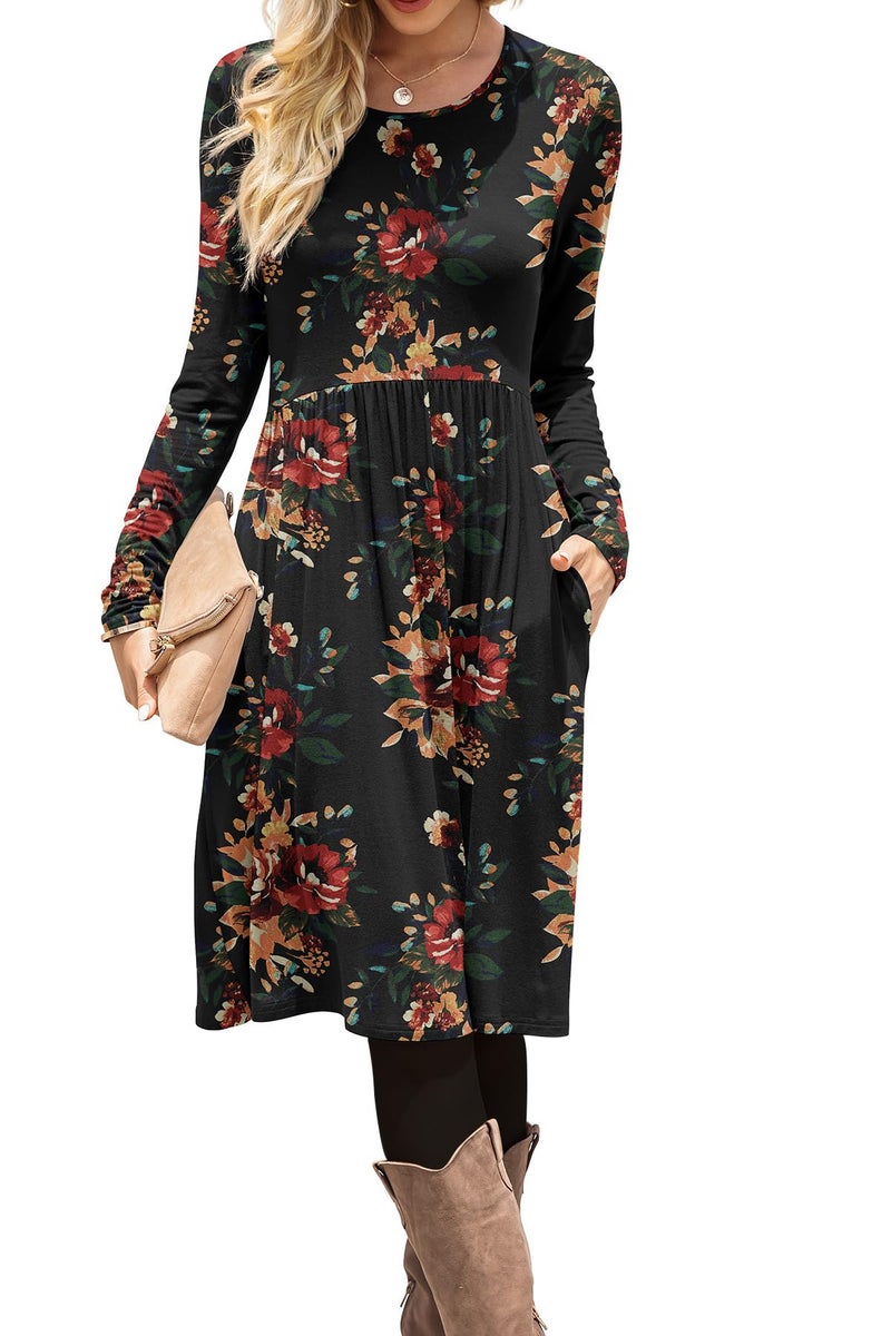 DB MOON Women Casual Long Sleeve Dresses Empire Waist Loose Dress with Pockets (Brown Floral Black, S) - Image 1