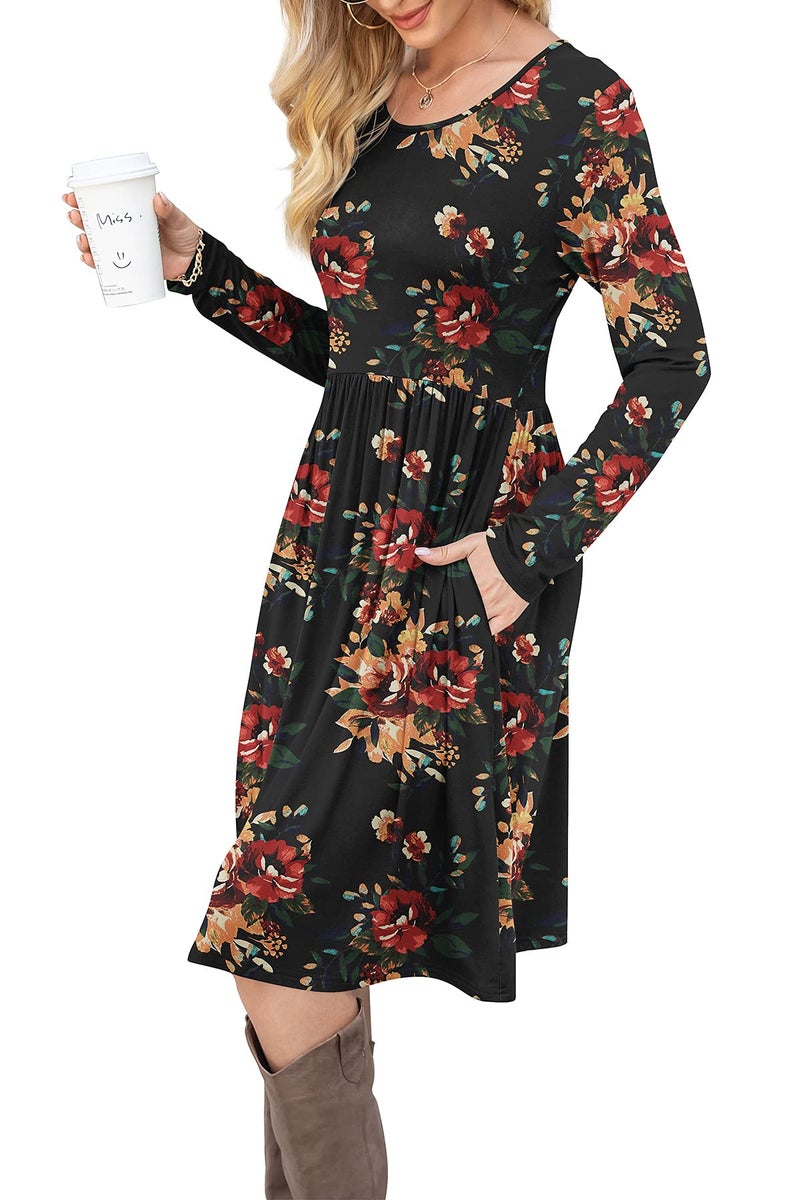 DB MOON Women Casual Long Sleeve Dresses Empire Waist Loose Dress with Pockets (Brown Floral Black, S) - Image 3