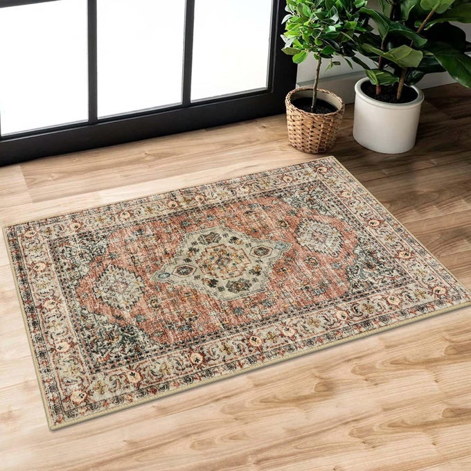 LAHOME ORIENTAL DOOR MAT INDOOR ENTRANCE 2X3 WASHABLE FALL INDOOR RUGS FOR ENTRYWAY SOFT SMALL KITCHEN RUGS NON SLIP ULTRATHIN VINTAGE DOOR MAT CARPET FOR BEDROOM BATHROOM PEACHORANGE