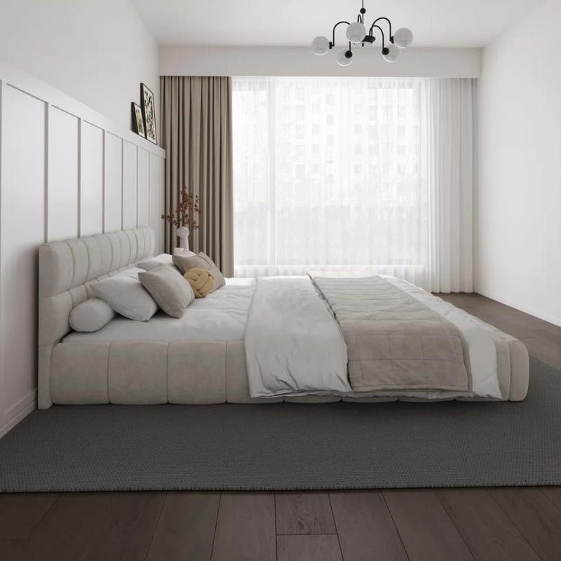 Modern Upholstered Bed Frame with Tufted Headboard - Premium Linen Textured Fabric Platform Bed - Sturdy Wooden Slat Support, No Box Spring Required (Beige, Super King (200x200cm) with Mattress) - Image 3