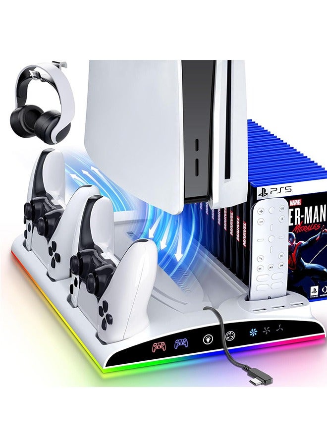 جارلو حامل Garlo PS5 مع محطة تبريد ووحدة تحكم بلاي ستيشن 5 ووحدة تحكم PS5 Slim Disc/Digital Edition، ملحقات PS5 - مروحة تبريد، مصابيح LED RGB، محاور USB، حامل سماعة رأس، فتحة ألعاب - Image 1