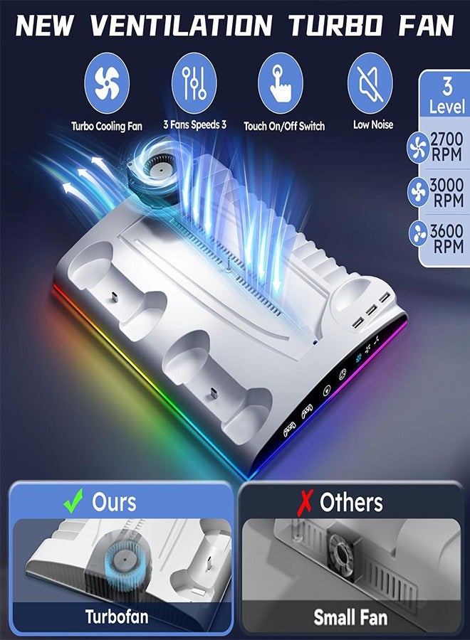 جارلو حامل Garlo PS5 مع محطة تبريد ووحدة تحكم بلاي ستيشن 5 ووحدة تحكم PS5 Slim Disc/Digital Edition، ملحقات PS5 - مروحة تبريد، مصابيح LED RGB، محاور USB، حامل سماعة رأس، فتحة ألعاب - Image 3