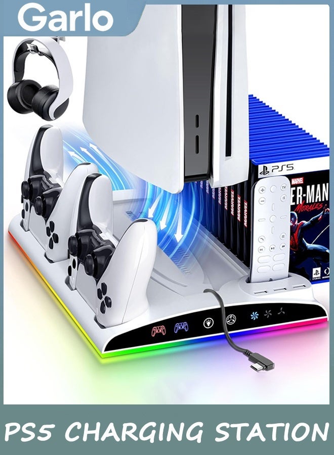 Garlo PS5 Stand with Cooling Station Playstation 5 Controller Charging Station for PS5 & PS5 Slim Console Disc/Digital Edition, PS5 Accessories-Cooling Fan, RGB LED, USB Hubs, Headset Holder,Game Slot