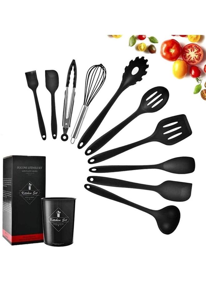 إسكدنيا طقم أدوات مطبخ من السيليكون مع حامل - من 11 قطعة أسود One Size - Image 2