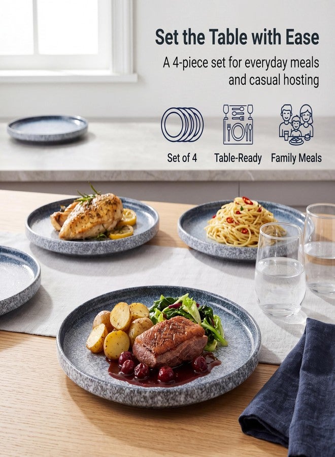 Gnlnkn 10.5" Ceramic Dinner Plates Set of 4, Stoneware Plates with Lipped Edges, Decorative Raised Rim Plates for Salad & Pasta, Microwave Oven Dishwasher Safe, Blue Mottled Glaze - Image 4