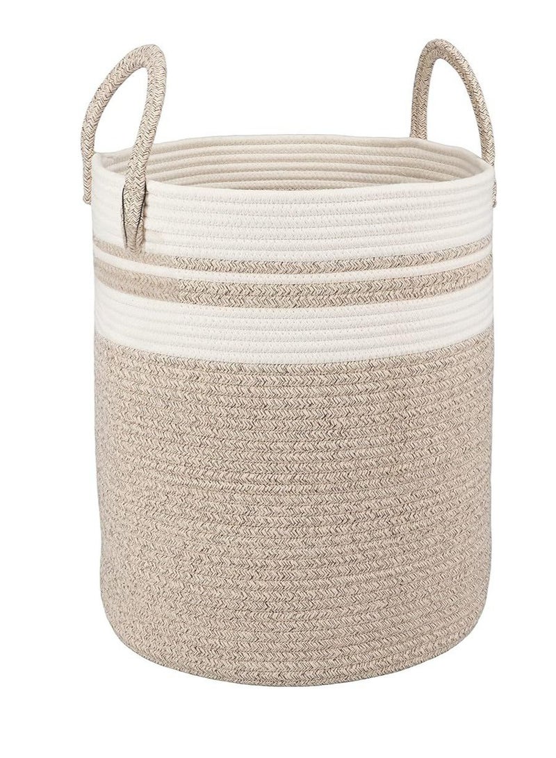 Cotton Rope Laundry Basket Hamper For Clothes Woven Storage Basket For Living Room Bedroom Boho Tall Rope Baskets For Blanket Toys Pillow Towels Baby Nursery Hamper Bin Large (Brown And White)  - Image 1