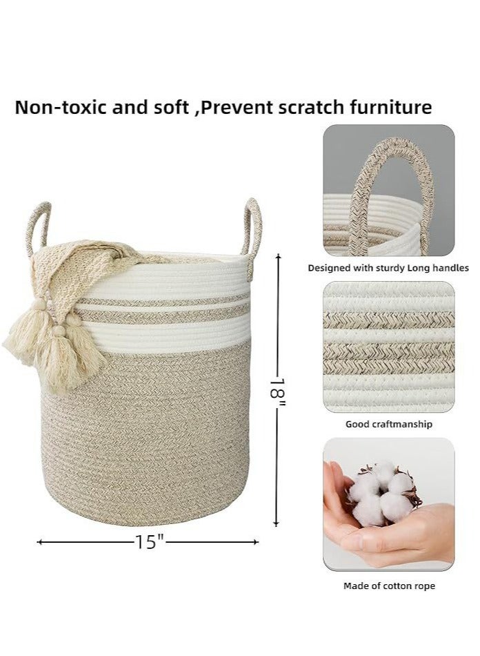 Cotton Rope Laundry Basket Hamper For Clothes Woven Storage Basket For Living Room Bedroom Boho Tall Rope Baskets For Blanket Toys Pillow Towels Baby Nursery Hamper Bin Large (Brown And White)  - Image 2