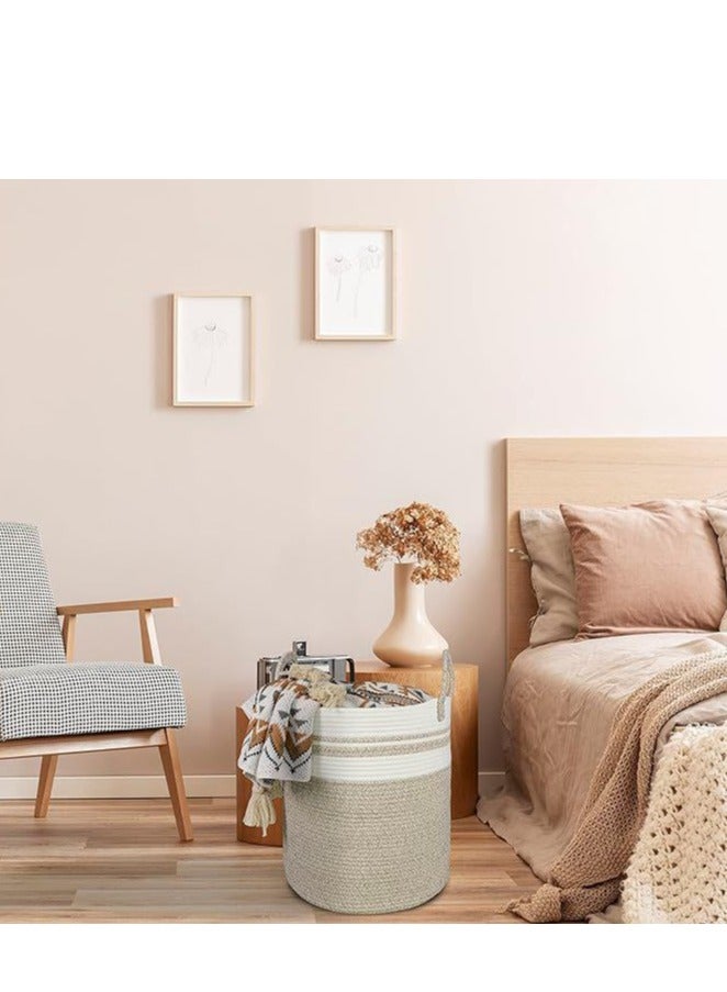 Cotton Rope Laundry Basket Hamper For Clothes Woven Storage Basket For Living Room Bedroom Boho Tall Rope Baskets For Blanket Toys Pillow Towels Baby Nursery Hamper Bin Large (Brown And White)  - Image 3
