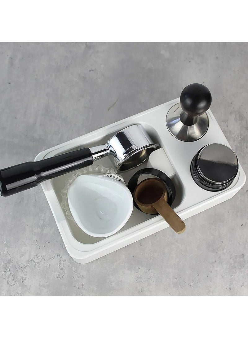 Professional coffee preparation station in white color made of reinforced plastic, equipped with a knock box and an integrated portafilter holder for organizing espresso tools with precision and elegance - Image 3