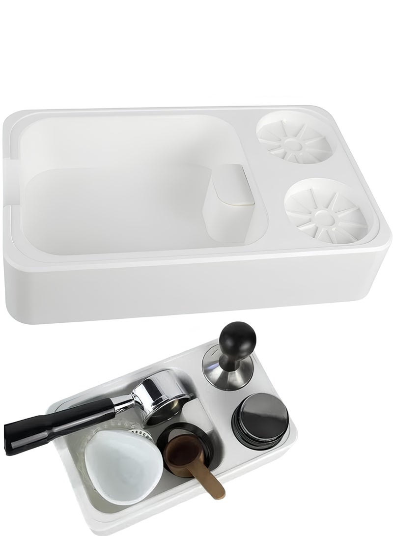 Professional coffee preparation station in white color made of reinforced plastic, equipped with a knock box and an integrated portafilter holder for organizing espresso tools with precision and elegance - Image 1