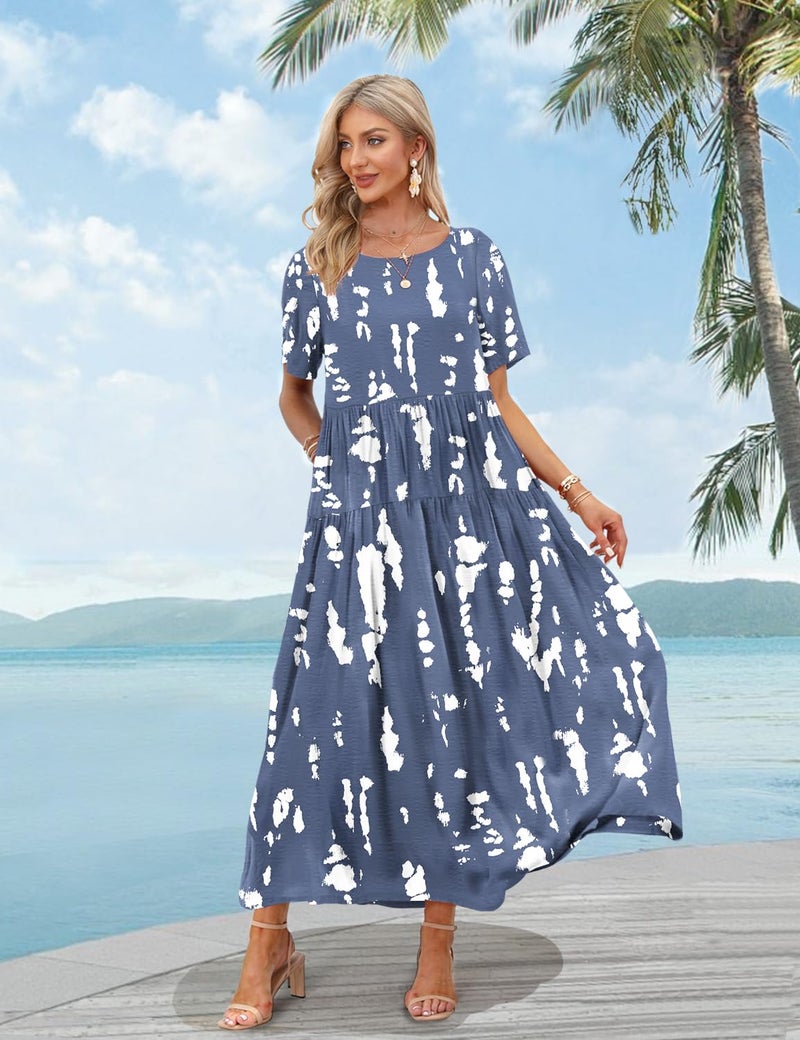 YESNO Women Casual Loose Bohemian Floral Dress with Pockets Short Sleeve Long Maxi Summer Beach Swing Dress 2XL EJF CR147 - Image 3