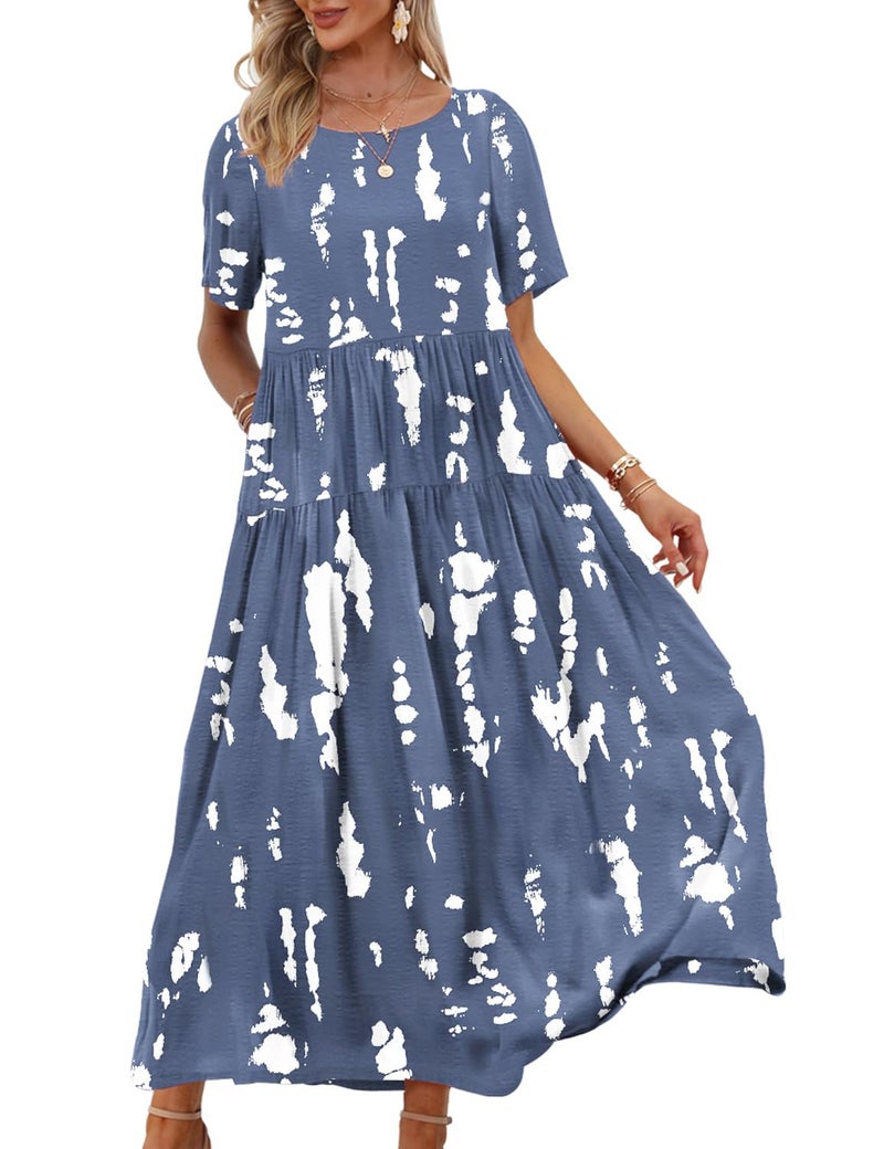 YESNO Women Casual Loose Bohemian Floral Dress with Pockets Short Sleeve Long Maxi Summer Beach Swing Dress 2XL EJF CR147 - Image 1