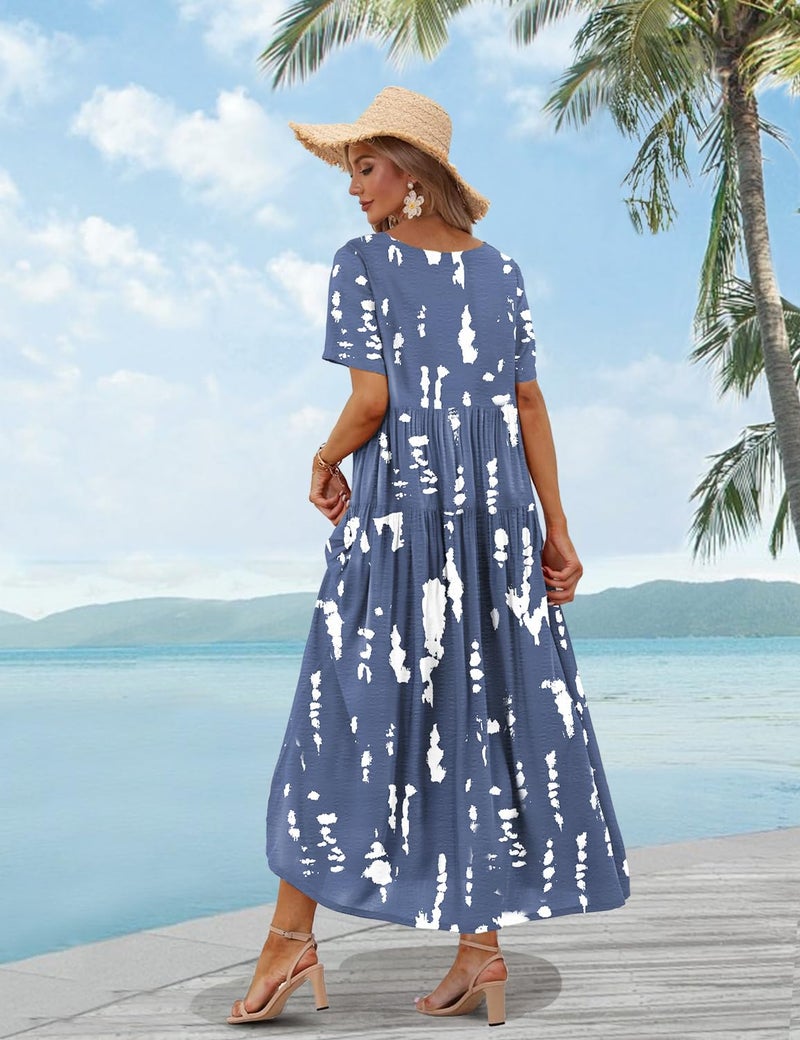 YESNO Women Casual Loose Bohemian Floral Dress with Pockets Short Sleeve Long Maxi Summer Beach Swing Dress 2XL EJF CR147 - Image 4