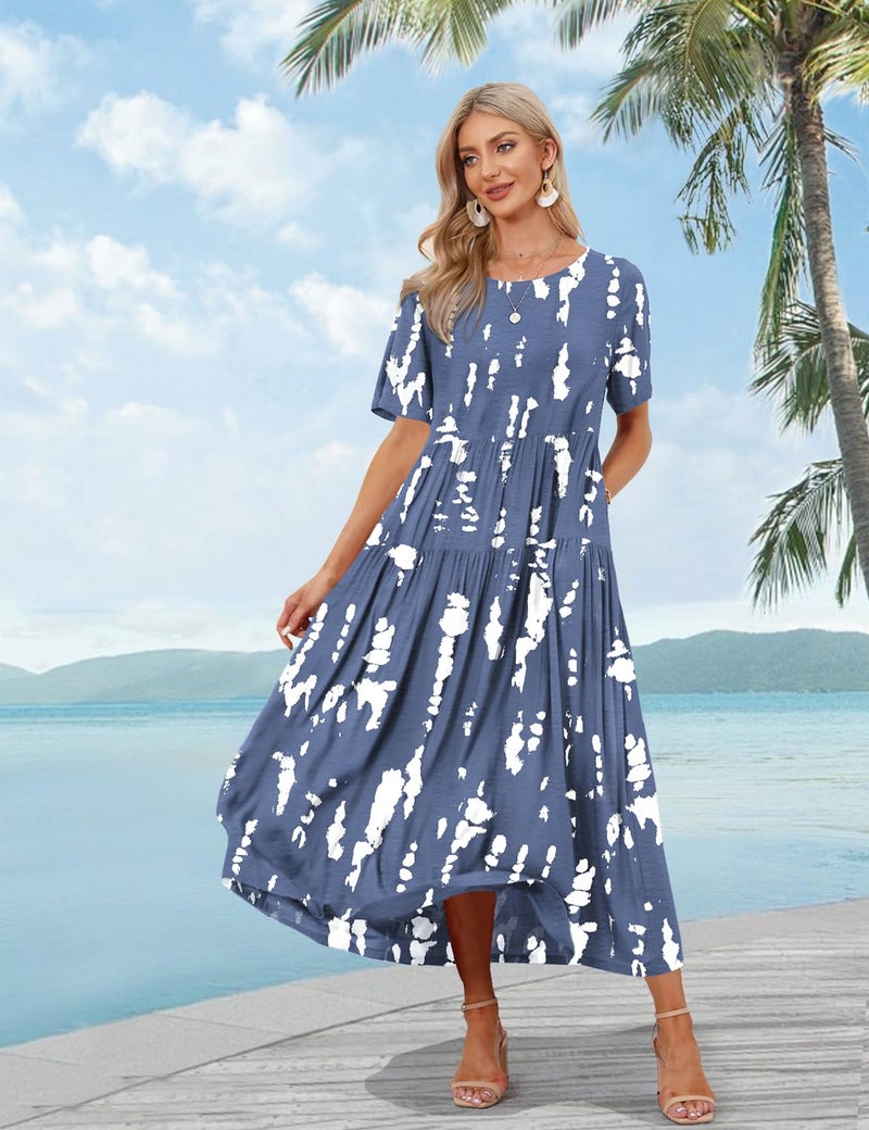 YESNO Women Casual Loose Bohemian Floral Dress with Pockets Short Sleeve Long Maxi Summer Beach Swing Dress 2XL EJF CR147 - Image 2