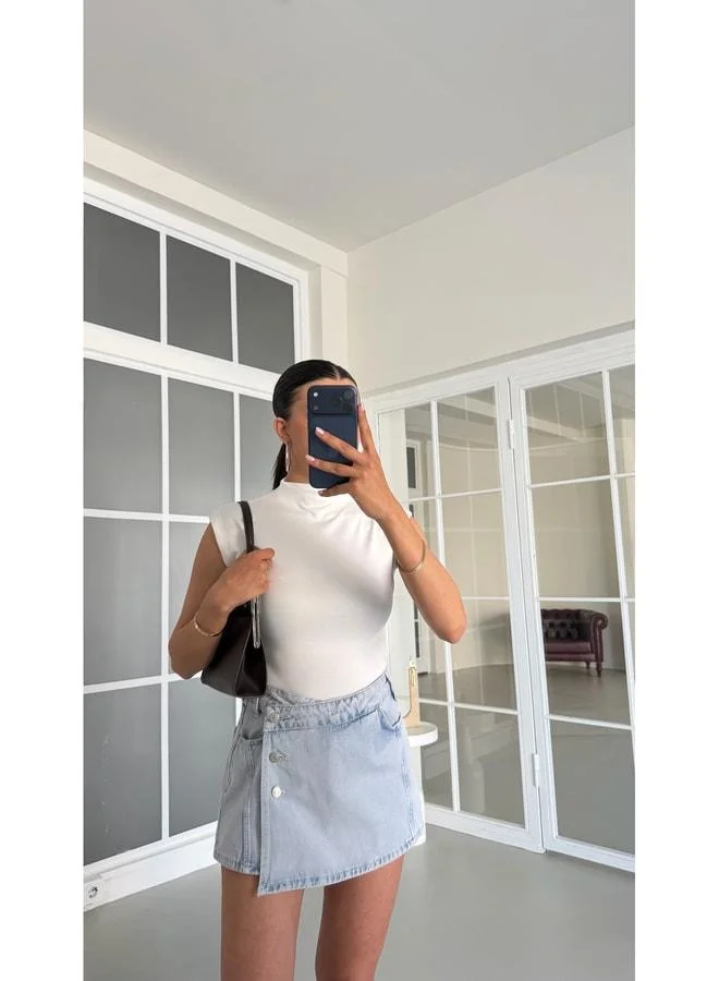 Gaus Ice Blue Buttoned Denim Shorts Skirt GAUS-01724.