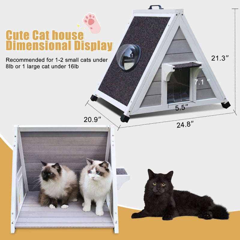 Deblue Weatherproof Cat House for Feral Cats, Outdoor Cat House for Small Cats, Unique Wooden Cat Shelter with Escape Door, Clear Window Fits for Small Pets - Grey - Image 2