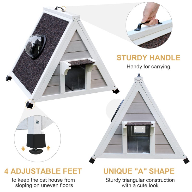 Deblue Weatherproof Cat House for Feral Cats, Outdoor Cat House for Small Cats, Unique Wooden Cat Shelter with Escape Door, Clear Window Fits for Small Pets - Grey - Image 4