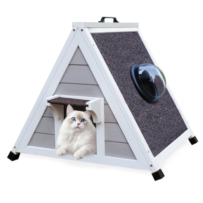 Deblue Weatherproof Cat House for Feral Cats, Outdoor Cat House for Small Cats, Unique Wooden Cat Shelter with Escape Door, Clear Window Fits for Small Pets - Grey - Image 1