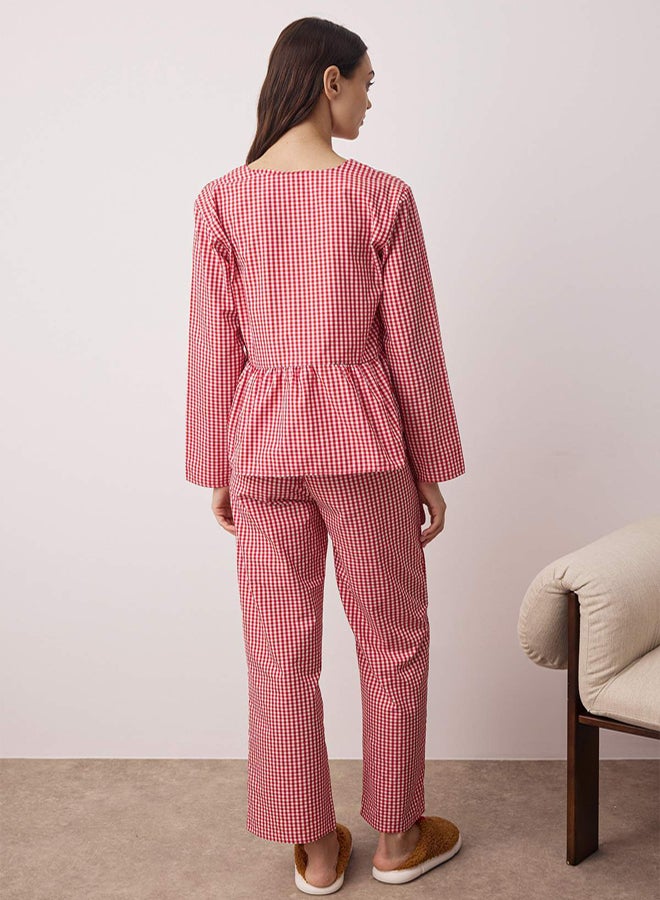 trendyol Red Plaid Tie Detail Woven Pajama Set - Image 5