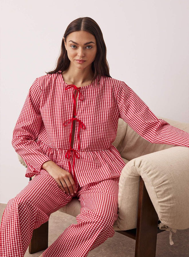 trendyol Red Plaid Tie Detail Woven Pajama Set - Image 4