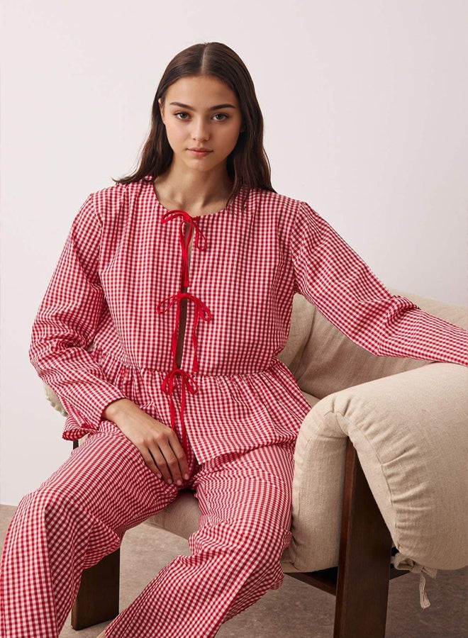trendyol Red Plaid Tie Detail Woven Pajama Set - Image 2