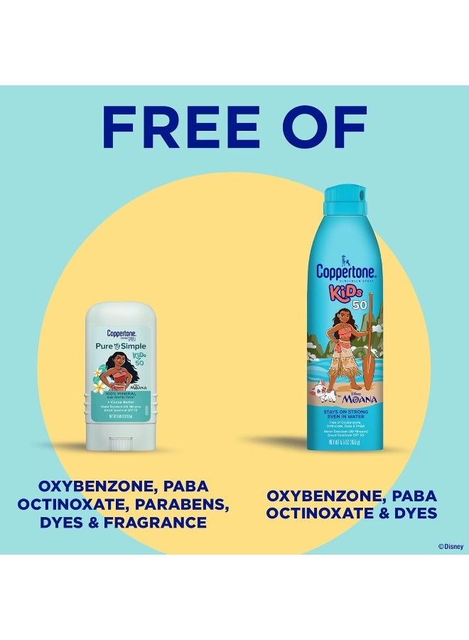 Coppertone بخاخ واقي شمس كوبرتون للأطفال حصري من ديزني موانا SPF 50 (5 أونصات) + عصا واقي شمس كوبرتون بيور آند سيمبل للأطفال SPF 50 (0.49 أونصة)، مقاوم للماء، خالي من الأوكسي بنزون والأوكتينوكسايت - Image 5