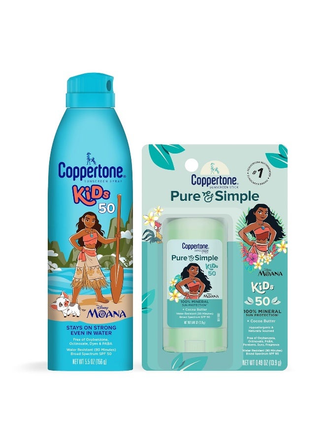Coppertone بخاخ واقي شمس كوبرتون للأطفال حصري من ديزني موانا SPF 50 (5 أونصات) + عصا واقي شمس كوبرتون بيور آند سيمبل للأطفال SPF 50 (0.49 أونصة)، مقاوم للماء، خالي من الأوكسي بنزون والأوكتينوكسايت - Image 1