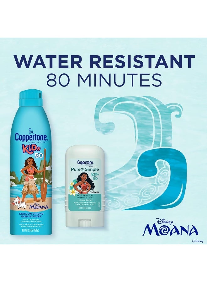 Coppertone بخاخ واقي شمس كوبرتون للأطفال حصري من ديزني موانا SPF 50 (5 أونصات) + عصا واقي شمس كوبرتون بيور آند سيمبل للأطفال SPF 50 (0.49 أونصة)، مقاوم للماء، خالي من الأوكسي بنزون والأوكتينوكسايت - Image 2