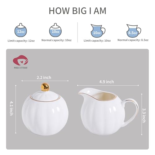 PRECITIME White and Gold Porcelain Sugar Bowl and Creamer Set - 12oz Lidded Sugar Pot & 10oz Milk Jug with gold rim, Elegant Tea and Coffee Accessories, Table Decor and Gift - Image 2