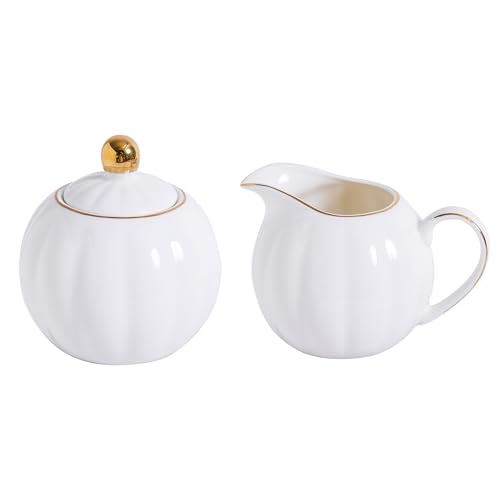 PRECITIME White and Gold Porcelain Sugar Bowl and Creamer Set - 12oz Lidded Sugar Pot & 10oz Milk Jug with gold rim, Elegant Tea and Coffee Accessories, Table Decor and Gift - Image 1