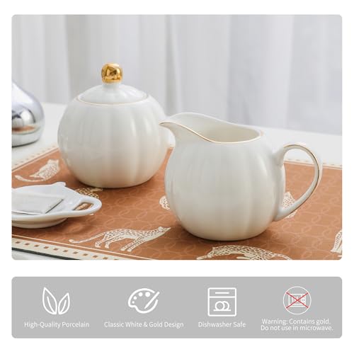 PRECITIME White and Gold Porcelain Sugar Bowl and Creamer Set - 12oz Lidded Sugar Pot & 10oz Milk Jug with gold rim, Elegant Tea and Coffee Accessories, Table Decor and Gift - Image 3