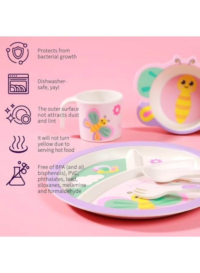 SYOSI Kids Dinnerware Set for Girls, Durable Mealtime Feeding Set with Plate, Bowl, Cup, Fork & Spoon, BPA-Free Bamboo Fiber Material, Butterfly Design, Dishwasher Safe, 5-Piece - Image 3