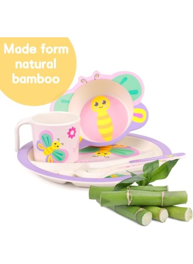 SYOSI Kids Dinnerware Set for Girls, Durable Mealtime Feeding Set with Plate, Bowl, Cup, Fork & Spoon, BPA-Free Bamboo Fiber Material, Butterfly Design, Dishwasher Safe, 5-Piece - Image 5