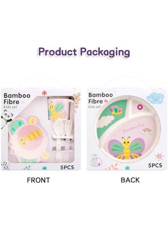SYOSI Kids Dinnerware Set for Girls, Durable Mealtime Feeding Set with Plate, Bowl, Cup, Fork & Spoon, BPA-Free Bamboo Fiber Material, Butterfly Design, Dishwasher Safe, 5-Piece - Image 4