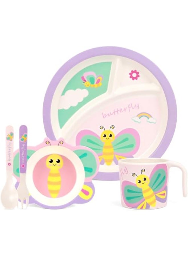 SYOSI Kids Dinnerware Set for Girls, Durable Mealtime Feeding Set with Plate, Bowl, Cup, Fork & Spoon, BPA-Free Bamboo Fiber Material, Butterfly Design, Dishwasher Safe, 5-Piece - Image 2