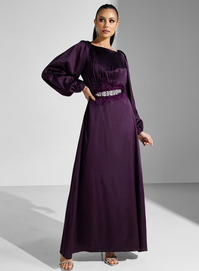 Golden Apple Satin Feather Trim Dress - Image 1
