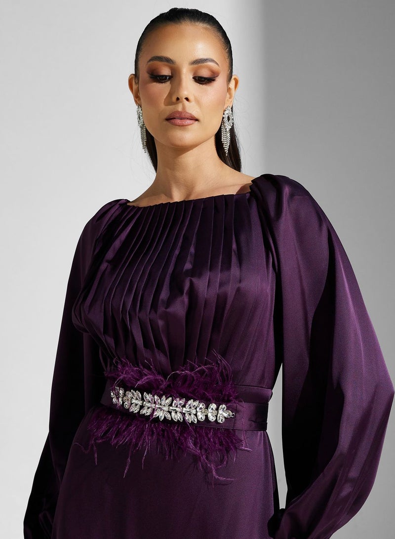 Golden Apple Satin Feather Trim Dress - Image 3