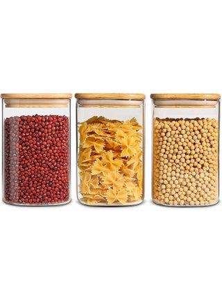 AKDC Set of 3 Square Glass Jar with Bamboo Lid, Kitchen Food Storage Containers Airtight Lids Cereals Canisters Jars for Pasta Spaghetti Tea Coffee Beans Candy Cookies Snacks