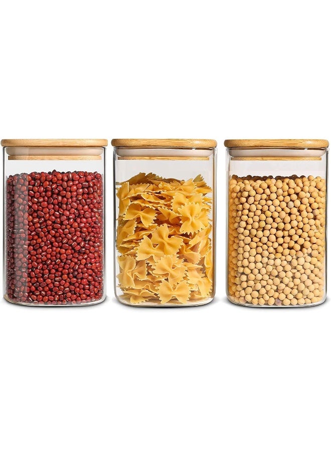 AKDC Set of 3 Square Glass Jar with Bamboo Lid, Kitchen Food Storage Containers Airtight Lids Cereals Canisters Jars for Pasta Spaghetti Tea Coffee Beans Candy Cookies Snacks - Image 1