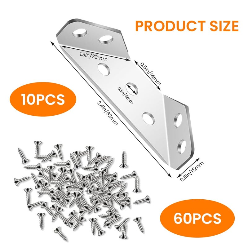 Serplex 10Pcs Shelf Brackets with 60Pcs Screws 2MM Thickening Furniture Corner Connector Stainless Steel Angle Corner Bracket Heavy Duty Corner Bracket for Wooden Panel Woodworking Crafting - Image 2