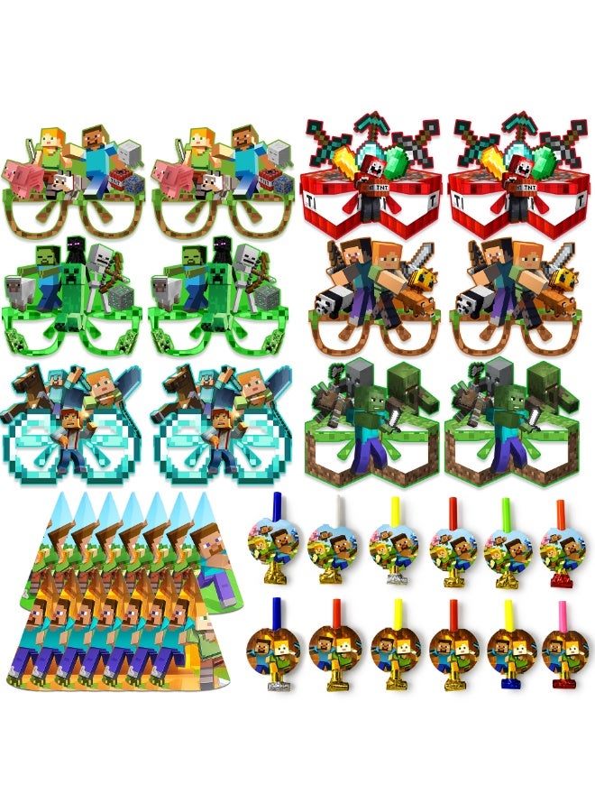 ILovhaprty Minecraft Party Favors Set – 36pcs Pixel Game Costume Accessories with 12 Paper Eyeglasses + 12 Blowouts + 12 Birthday Hats, Blocky Photo Booth Props for Kids Birthday, Classroom Events & Themed Celebrations - Image 1