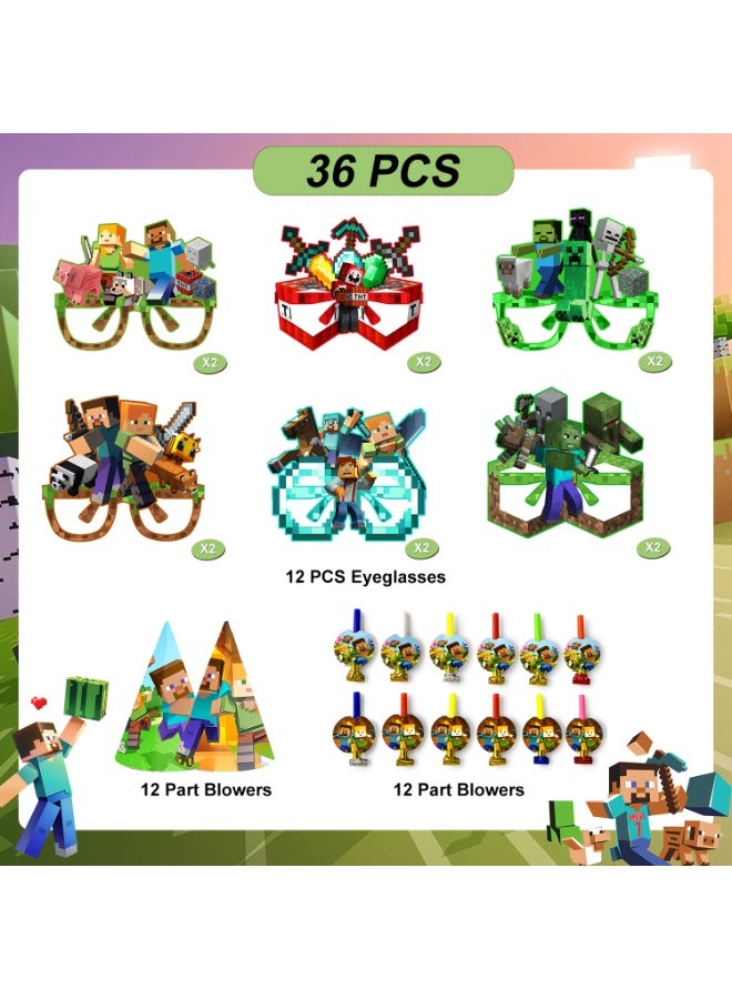 ILovhaprty Minecraft Party Favors Set – 36pcs Pixel Game Costume Accessories with 12 Paper Eyeglasses + 12 Blowouts + 12 Birthday Hats, Blocky Photo Booth Props for Kids Birthday, Classroom Events & Themed Celebrations - Image 2