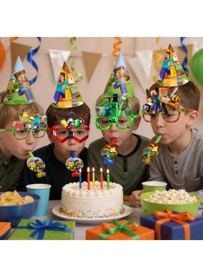 ILovhaprty Minecraft Party Favors Set – 36pcs Pixel Game Costume Accessories with 12 Paper Eyeglasses + 12 Blowouts + 12 Birthday Hats, Blocky Photo Booth Props for Kids Birthday, Classroom Events & Themed Celebrations - Image 5