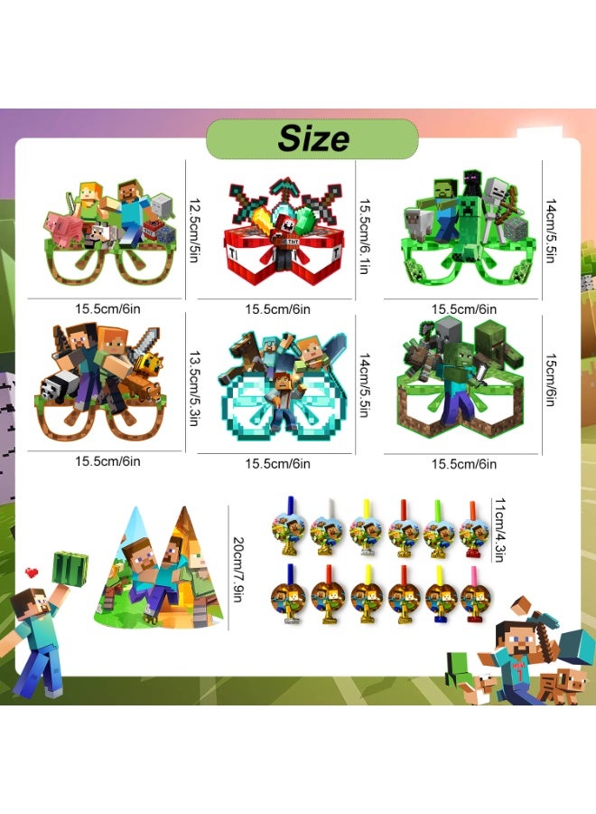 ILovhaprty Minecraft Party Favors Set – 36pcs Pixel Game Costume Accessories with 12 Paper Eyeglasses + 12 Blowouts + 12 Birthday Hats, Blocky Photo Booth Props for Kids Birthday, Classroom Events & Themed Celebrations - Image 3