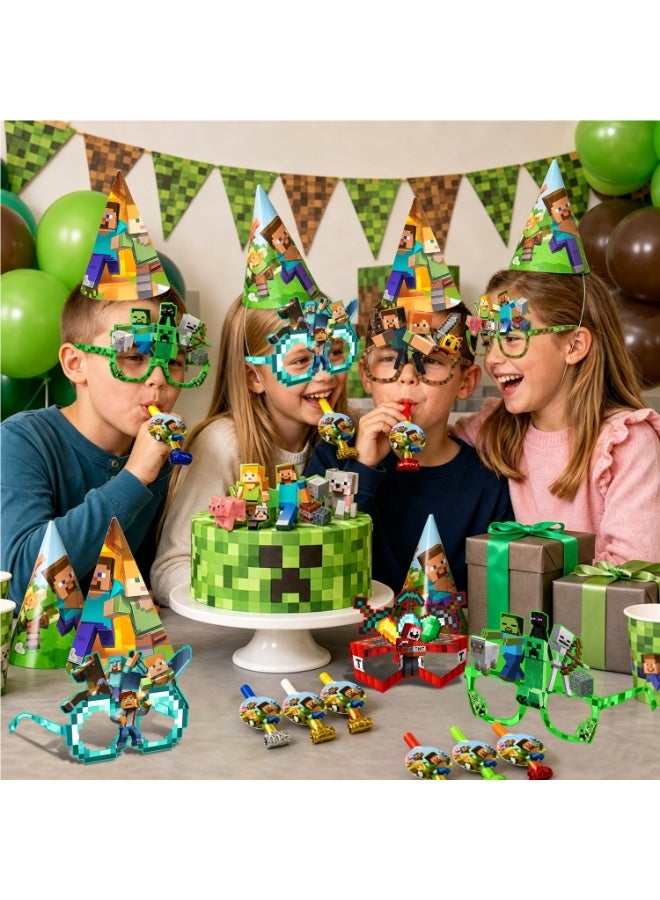 ILovhaprty Minecraft Party Favors Set – 36pcs Pixel Game Costume Accessories with 12 Paper Eyeglasses + 12 Blowouts + 12 Birthday Hats, Blocky Photo Booth Props for Kids Birthday, Classroom Events & Themed Celebrations - Image 4