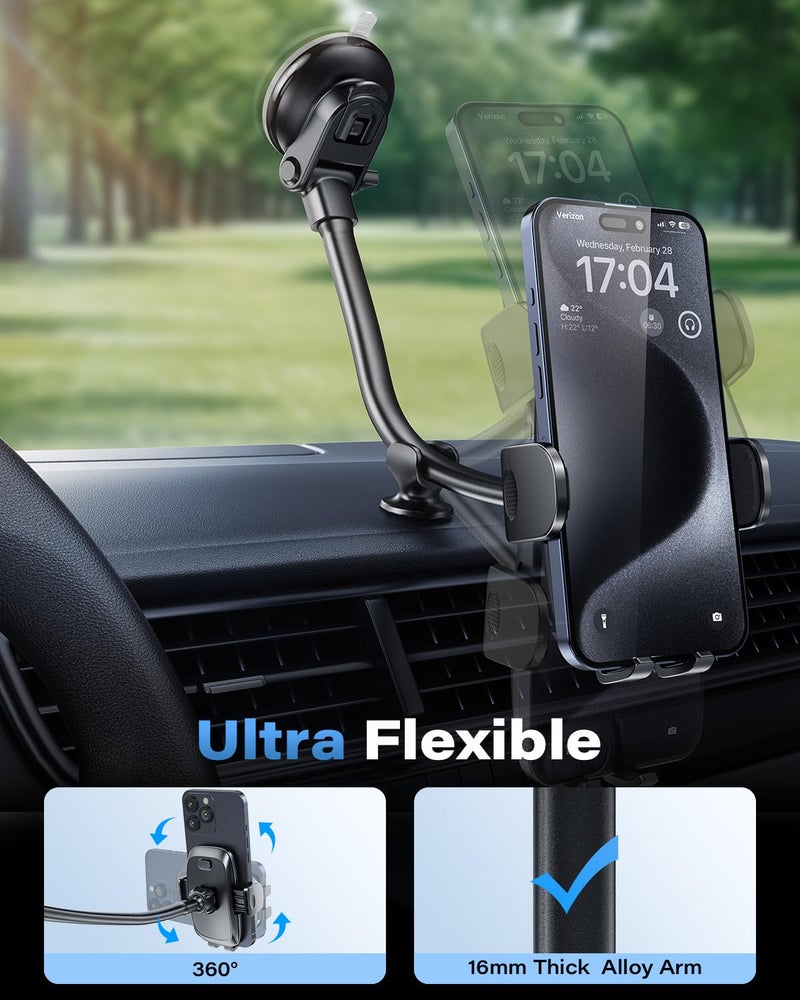1Zero Solid Car Truck Phone Mount Holder with Thick Gooseneck Long Arm, Windshield Window Mobile Holders w/Industrial-Strength Suction Cup, Anti-Shake Stabilizer Compatible All Cell Phones, Black - Image 4