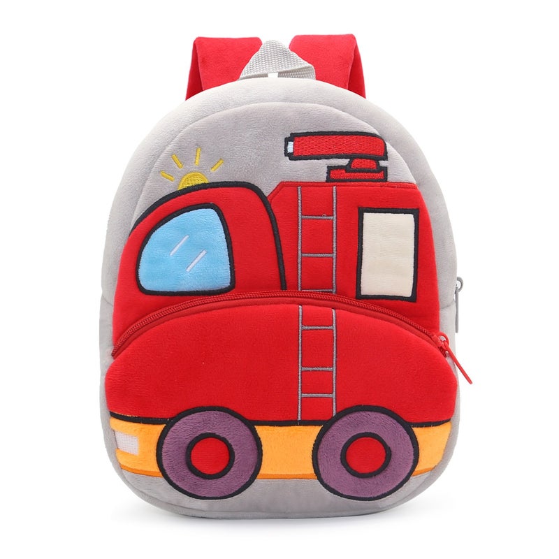 Plush Kids Backpack, Fire Truck Vehicle Design, Soft Lightweight School Bag for Toddlers and Preschool Kids - Image 1