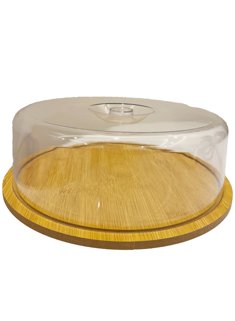 Acrylic Cake/Dessert Dish with Wood Base, Bamboo Cake Tray with Clear Acrylic Lid, Multi-use Kitchen Cake Fruit Tray, Self-Handle 