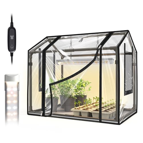 Bstrip Indoor Greenhouse with Grow Light, Mini EVA Tent with PET Base Mat, Ventilation Windows & Zippered Door, 18W Tabletop Greenhouse Light for Seed Starting with Timer, 23.8" x 15.7" x 20.5" - Image 1